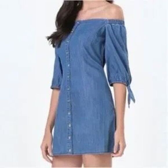 ✨Bebe Off Shoulder Front Button Denim Dress✨ - Picture 1 of 7